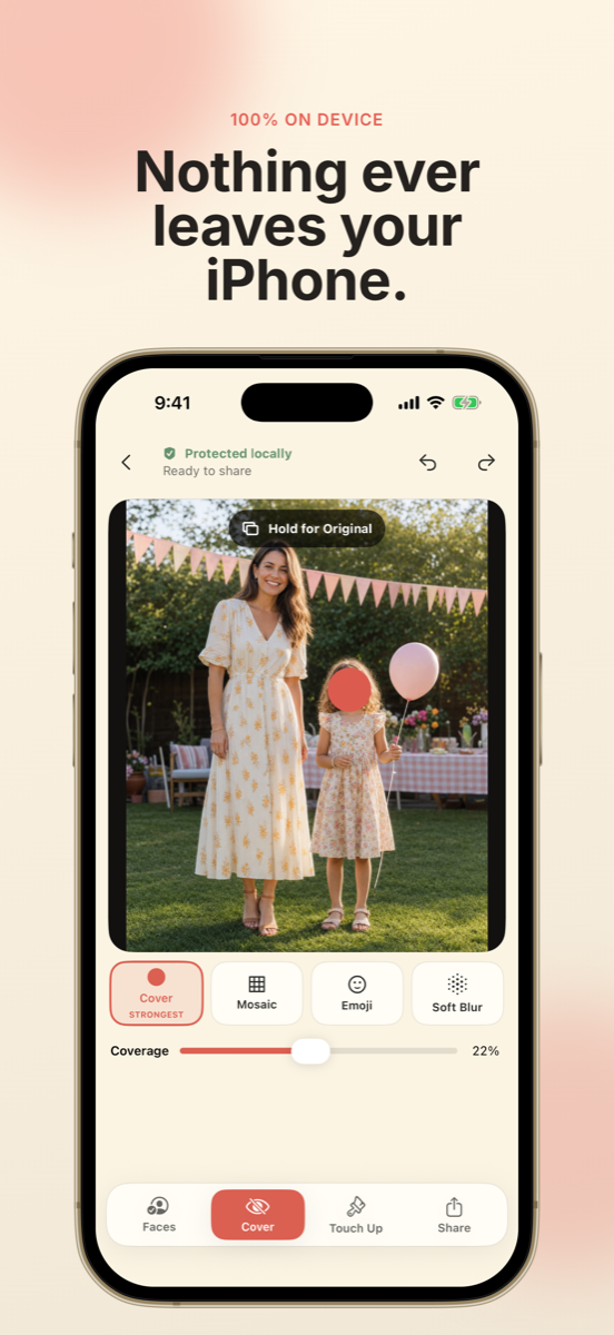 Safe Little Faces app showing a family photo with a child's face covered