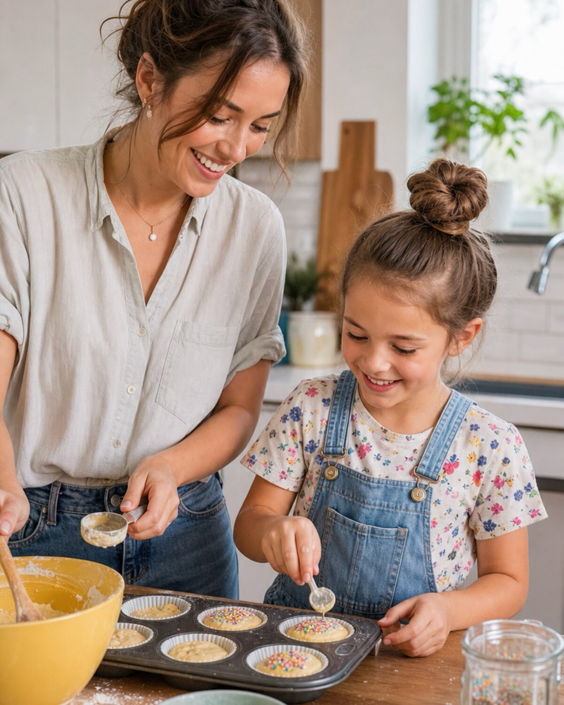 A parent and child baking together in a kitchen