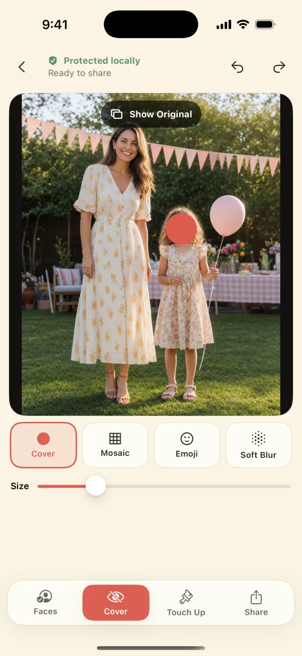App screenshot: a mother and daughter at a party with the daughter's face hidden by an opaque coral Privacy Cover