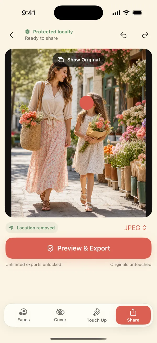Share screen showing Location removed and a Preview and Export button